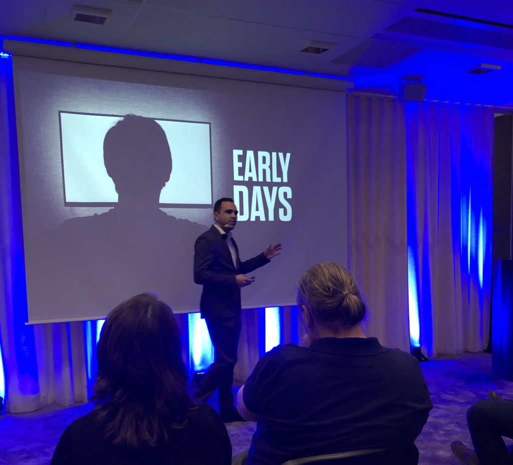 Michael Calce, aka "Mafiaboy" talks about security in front of an audience at a HP seminar in Sweden in 2019.
