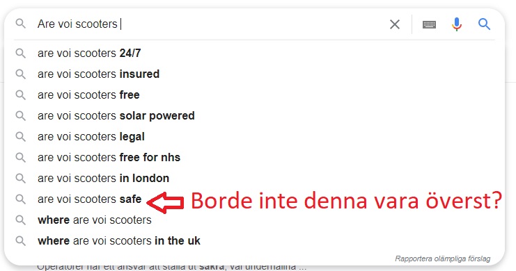 Googlesökningsresultat där "Are voi scooters safe" kommer långt ner i resultatet. Gigekonomin är inte vad den varit. :)