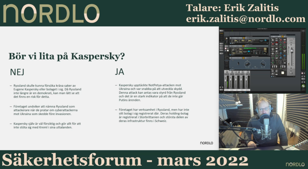 En bild med frågor om man kan lita på Kaspersky som företag och på deras produkter.
