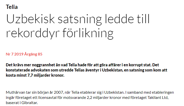 Sberbank är inte ensamma om att ha hamnat i hetvatten. Telia tänker man nog inte på i sådana situationer. Men även de har skelett i garderoben.