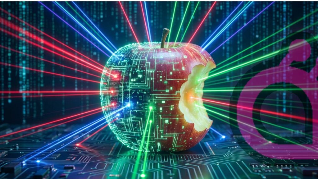 Apples säkerhetsresa illustreras med ett äpple som skimrar med cyberstrålar (vad det nu är).