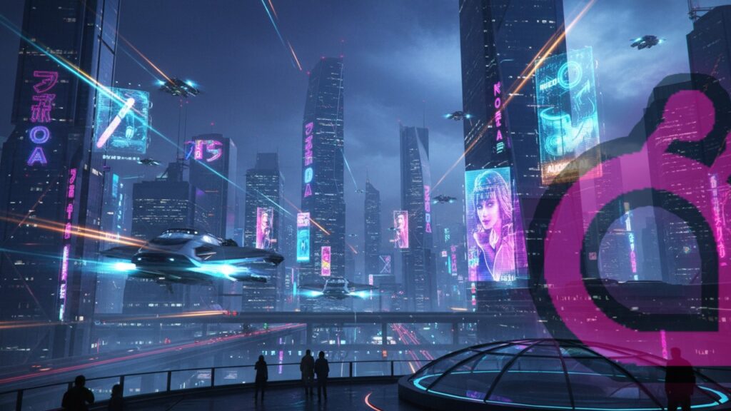 Milleniumbuggen illustreras av en framtidsvision som ser ut som hämtad ur Neuromancer.