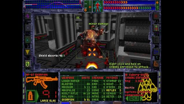 Detta är ett tevespel som heter System Shock 1 och visar en bild från inne i spelet.