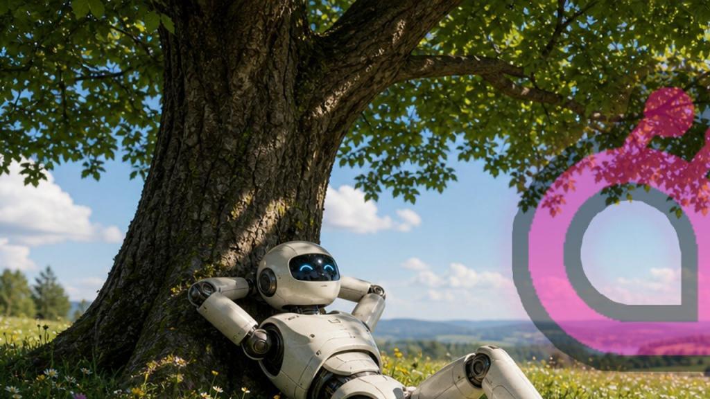 AI illustreras av en robot som vilar sig mot ett träd under en varm sommardag.